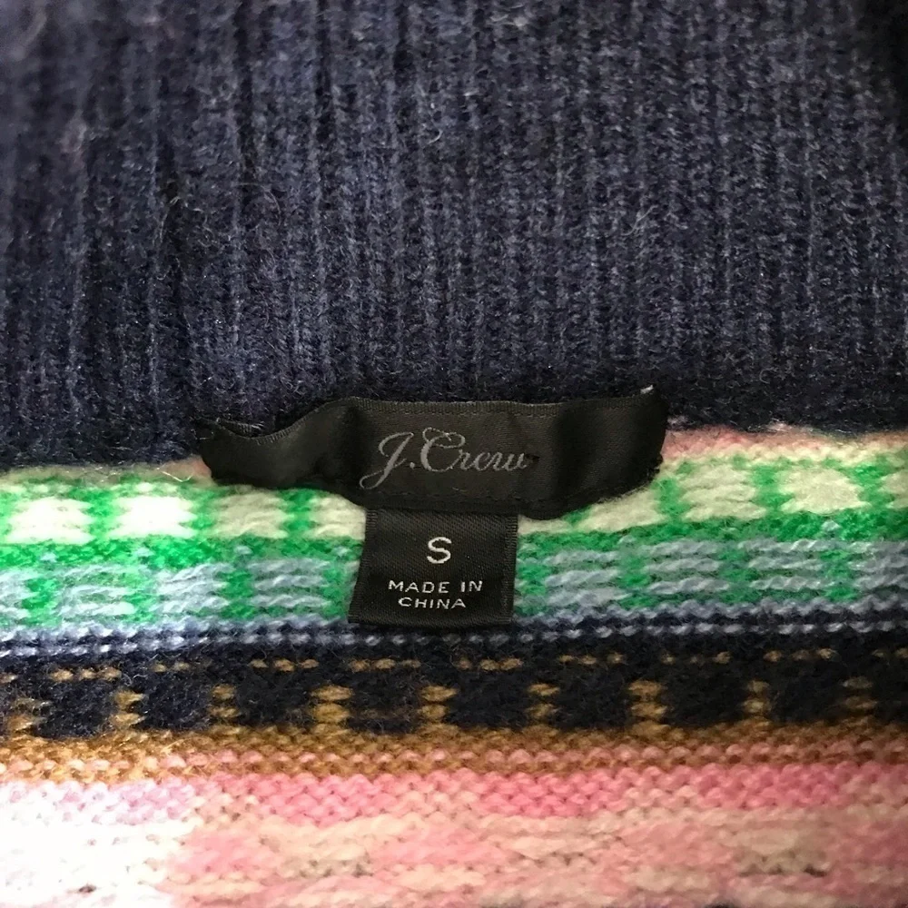 J Crew Mock Neck Fair Isle Green Pink Navy Blue Knit Pullover Sweater Small.